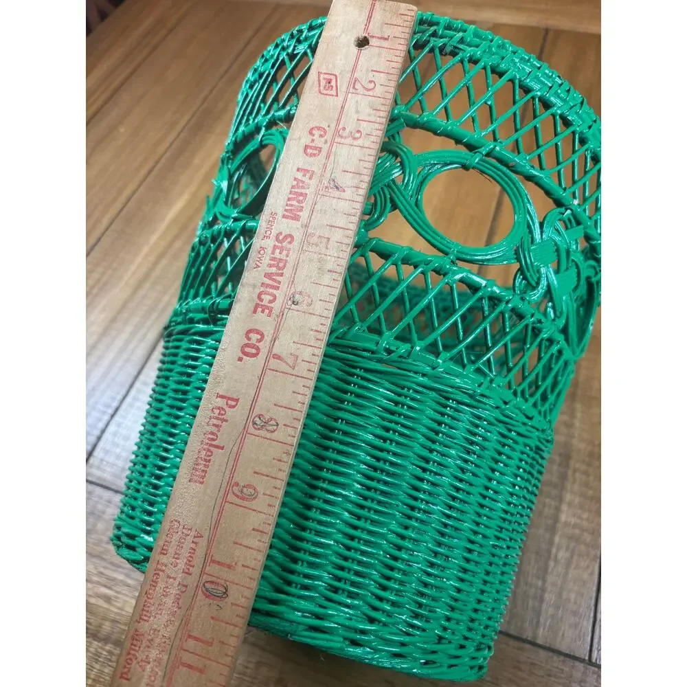 Green Wicker Wastebasket Planter Vintage Trash Can Shabby Chic Cottage BOHO